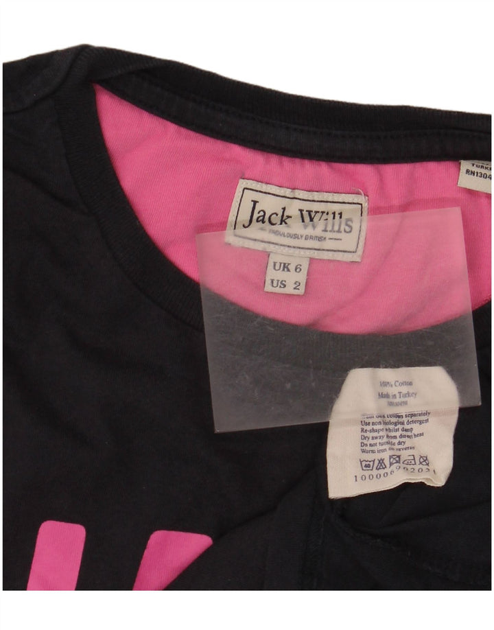 JACK WILLS Kvinder grafisk T-shirt top UK 6 XS marineblå bomuld