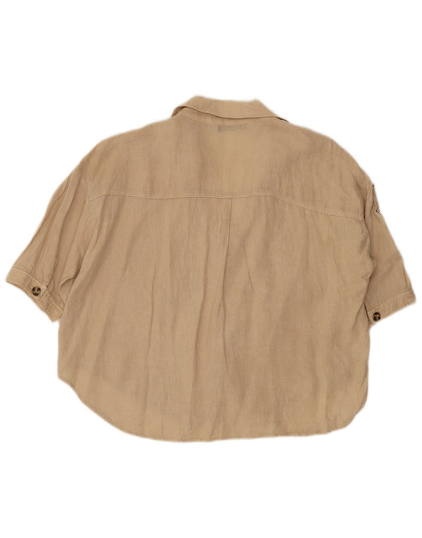 Zara Kortærmet Oversized skjortebluse til kvinder UK 10 Lille beige bomuld