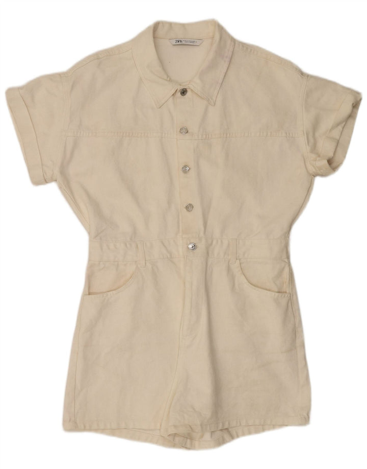 Zara Dame Denim Playsuit UK 20 2XL Hvid Bomuld