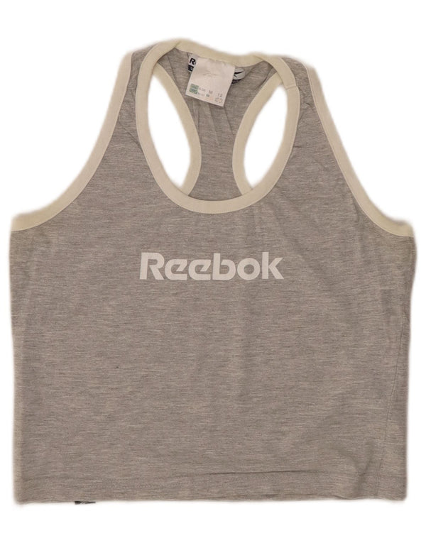 REEBOK Womens Crop Graphic Vest Top UK 12 Medium Grey Flecked Cotton