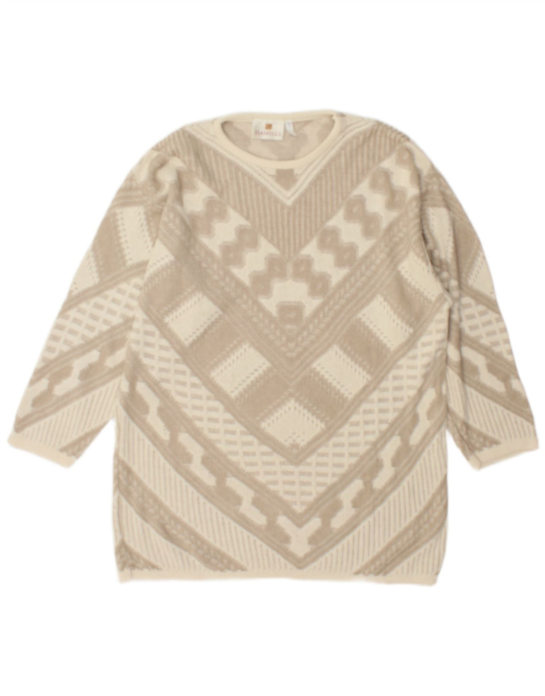 Vintage dame sweater med rund hals DK 12 Medium Beige Geometrisk