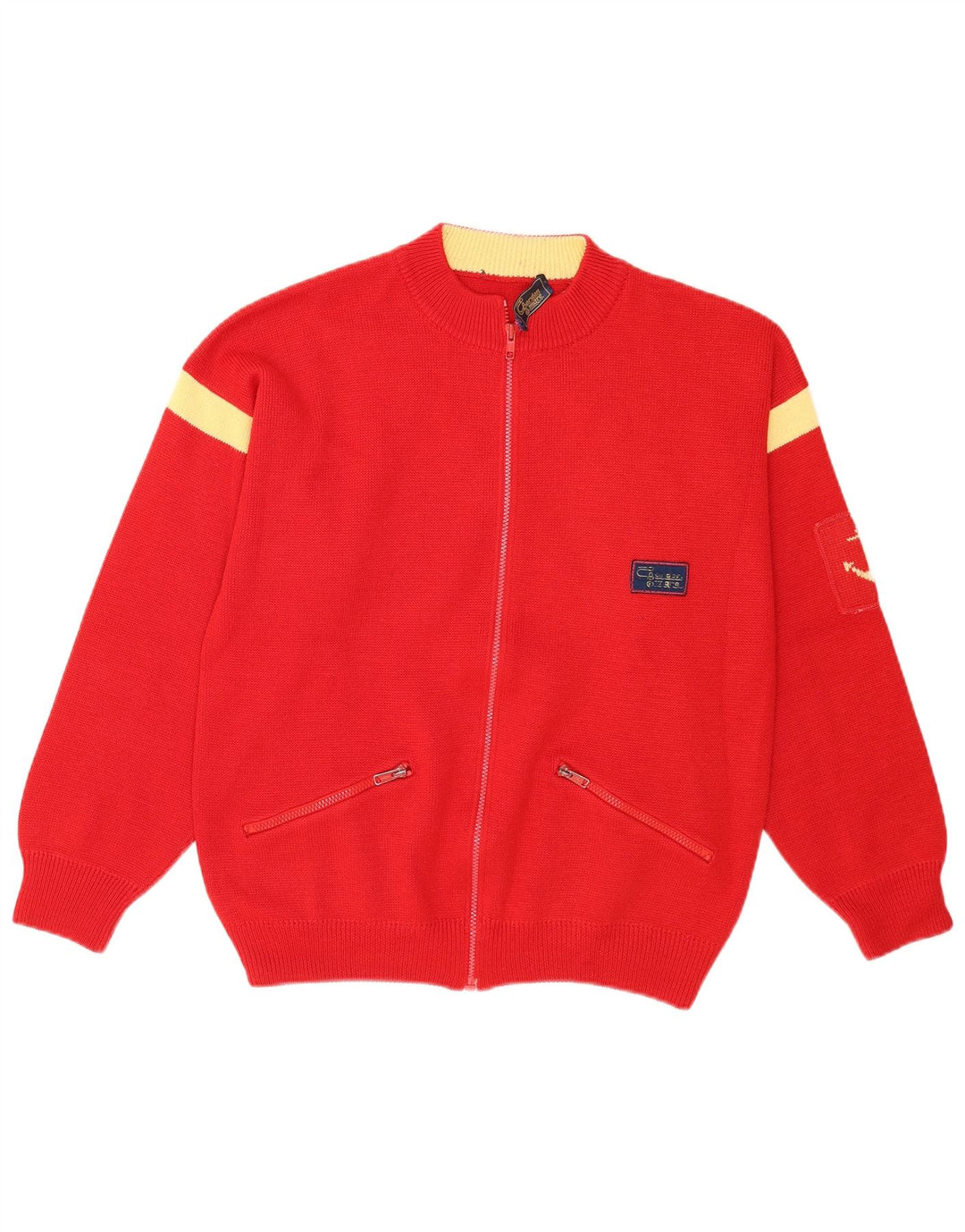 Vintage herre cardigan sweater med fuld lynlås mellem rød farveblok akryl