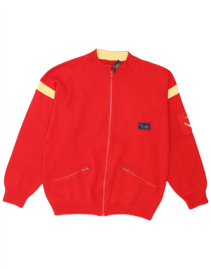 Vintage herre cardigan sweater med fuld lynlås mellem rød farveblok akryl