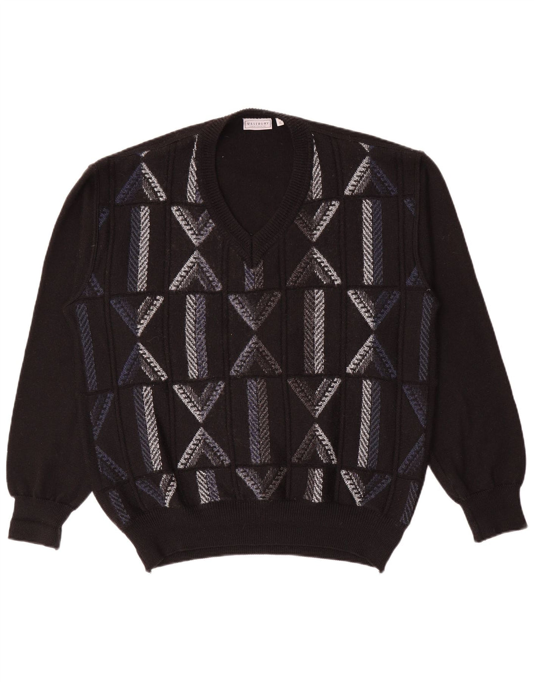 WESTBURY Herre V-hals sweater XL Sort geometrisk uld
