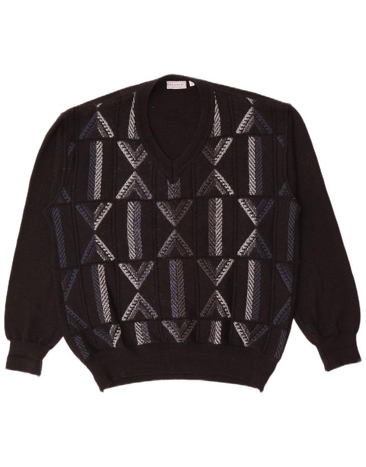 WESTBURY Herre V-hals sweater XL Sort geometrisk uld