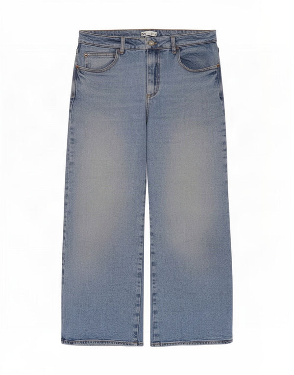 Zara Womens Crop Højtaljede jeans med brede ben EU 42 Large W32 L25 Blå Bomuld
