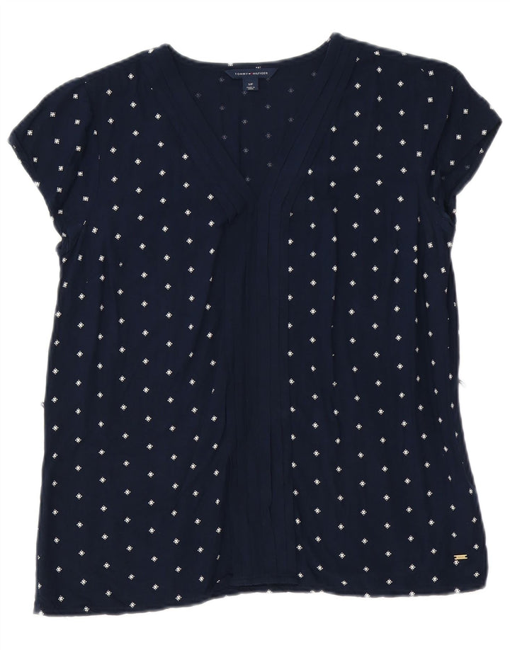 Tommy Hilfiger Dame Abstrakt mønster Bluse Top UK 10 Small Navy Blue