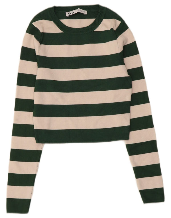 Zara Womens Crop Boat Neck Jumper Sweater UK 12 Medium Grøn Stribet