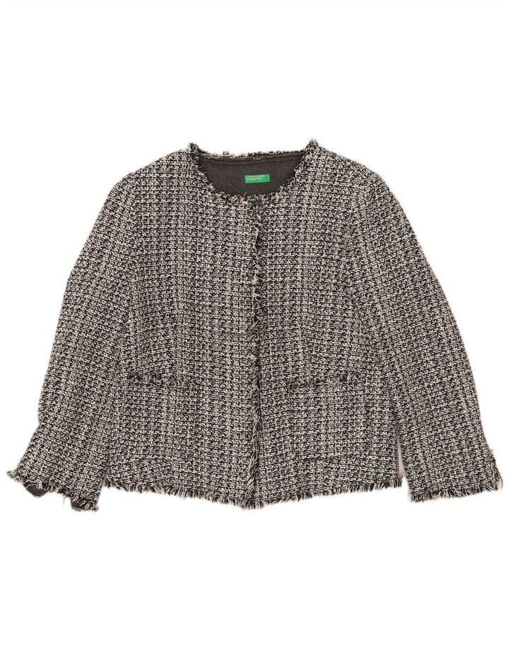 BENETTON Dame Crop Open Blazer Jacket UK 10 Small Grey Houndstooth