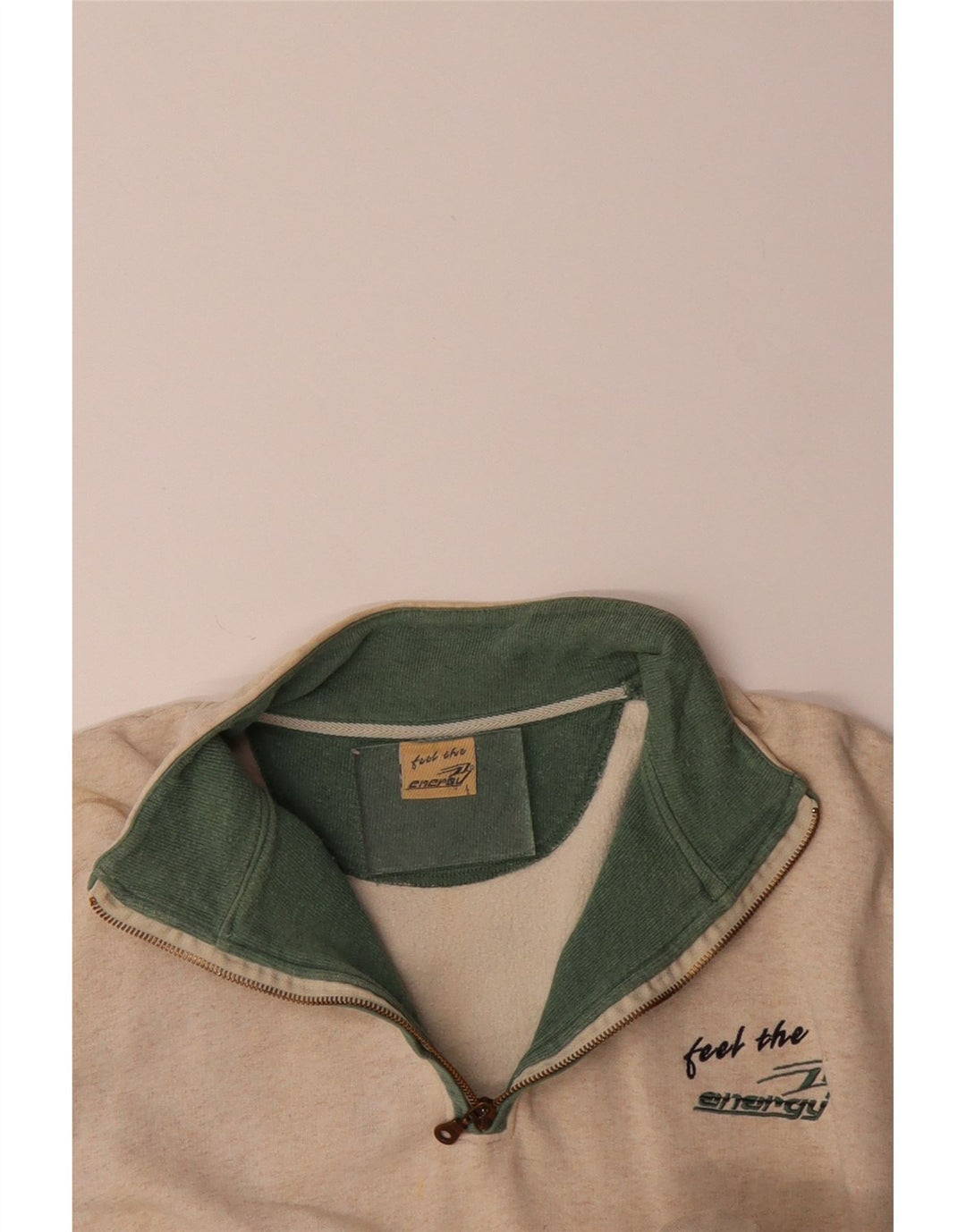 VINTAGE Mens Graphic Zip Neck Sweatshirt Jumper Large Beige Cotton
