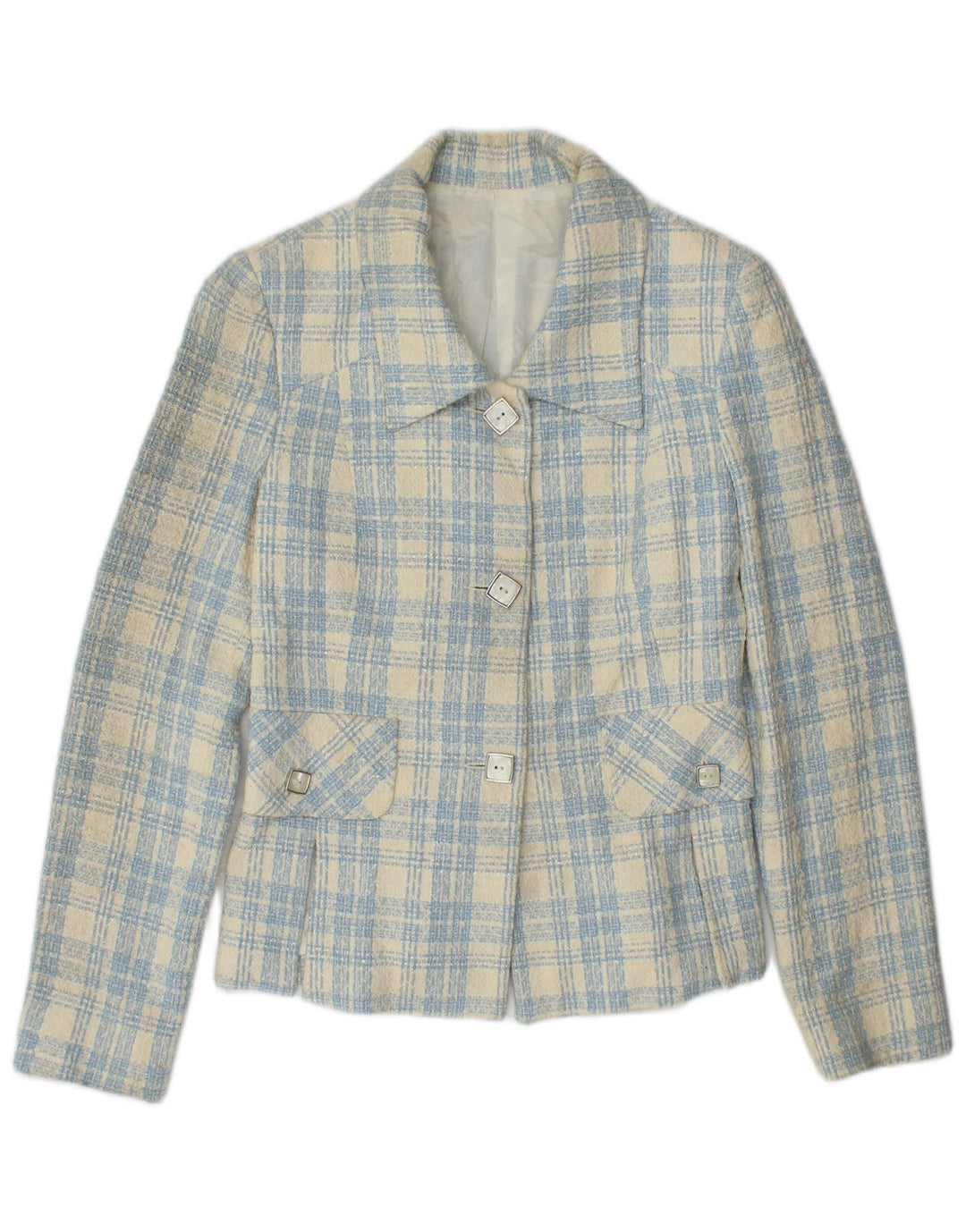 Vintage dame 3-knaps blazerjakke IT 42 Mellemblå ternet bomuld