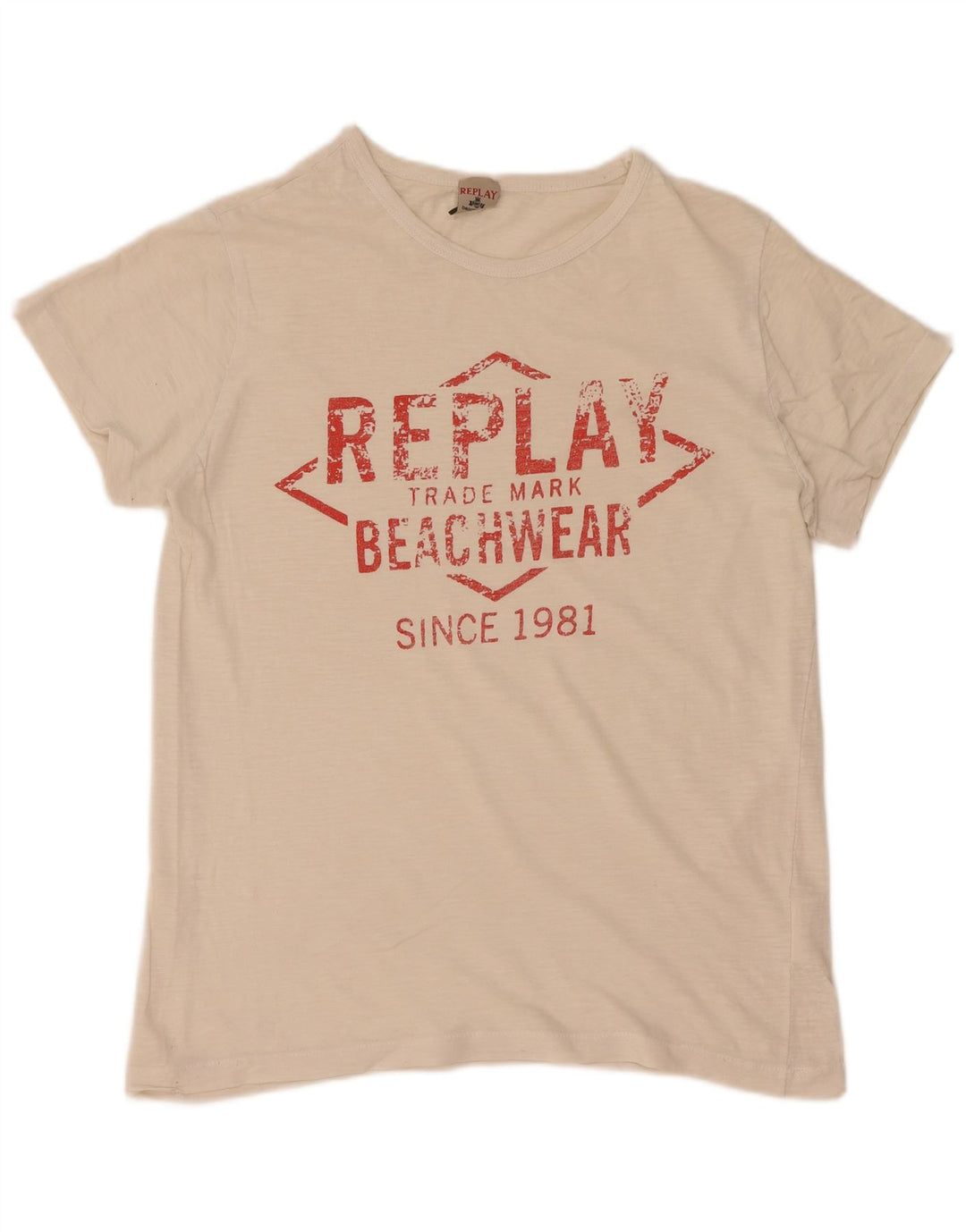 Replay Dame Grafisk T-Shirt Top UK 12 Medium Off White Bomuld
