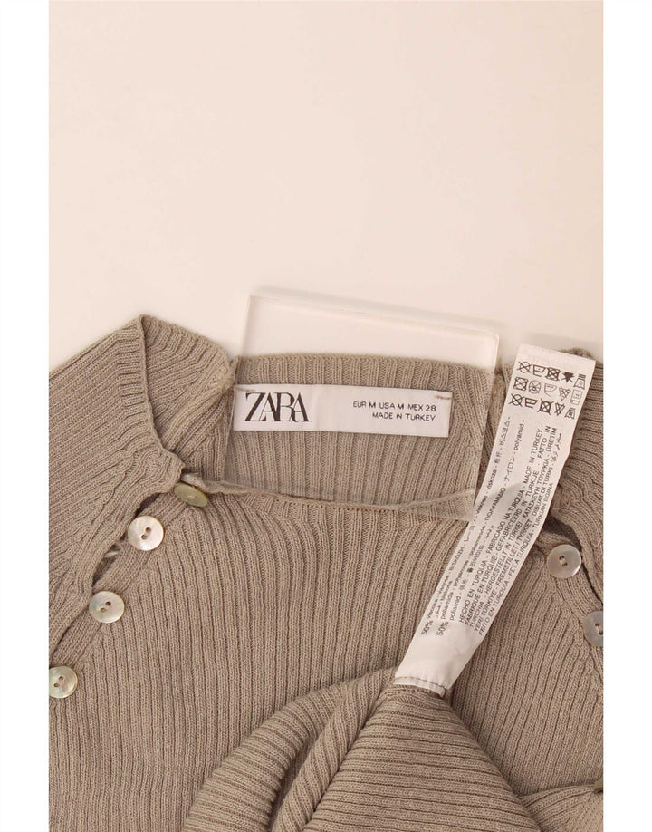 Zara Womens Crop Top Langærmet UK 12 Medium Beige Viscose