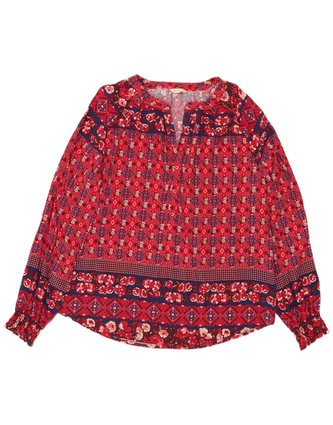 Monsoon Dame Langærmet Bluse Top UK 14 Stor rød geometrisk viskose