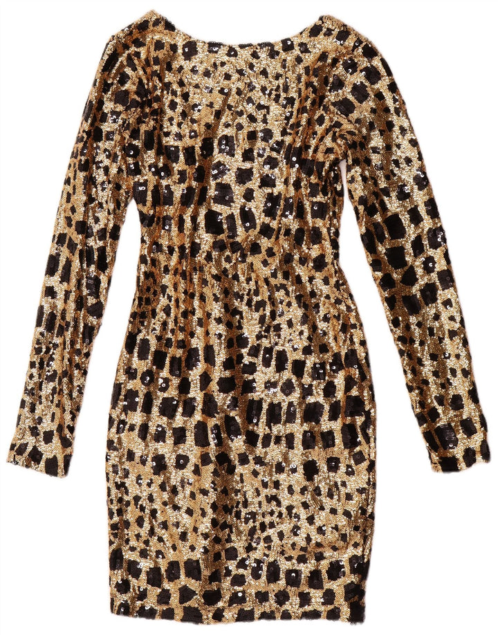 GUESS Dame Langærmet Pailletter Bodycon Kjole UK 6 XS Guld Geometrisk