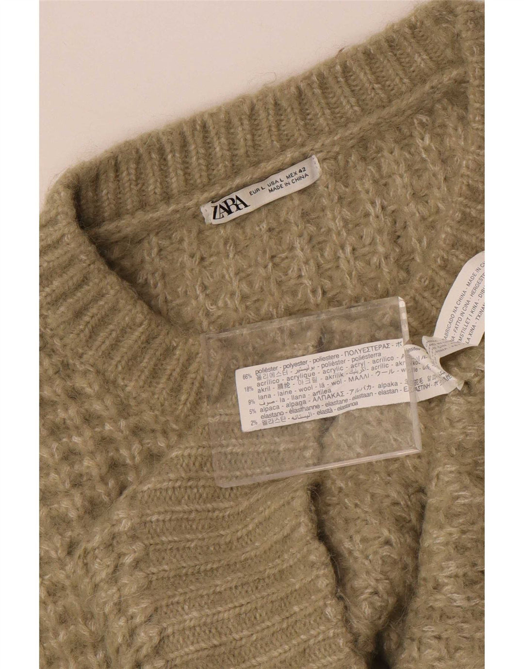 Zara Herre Crew Neck Jumper Sweater Stor Khaki Polyester