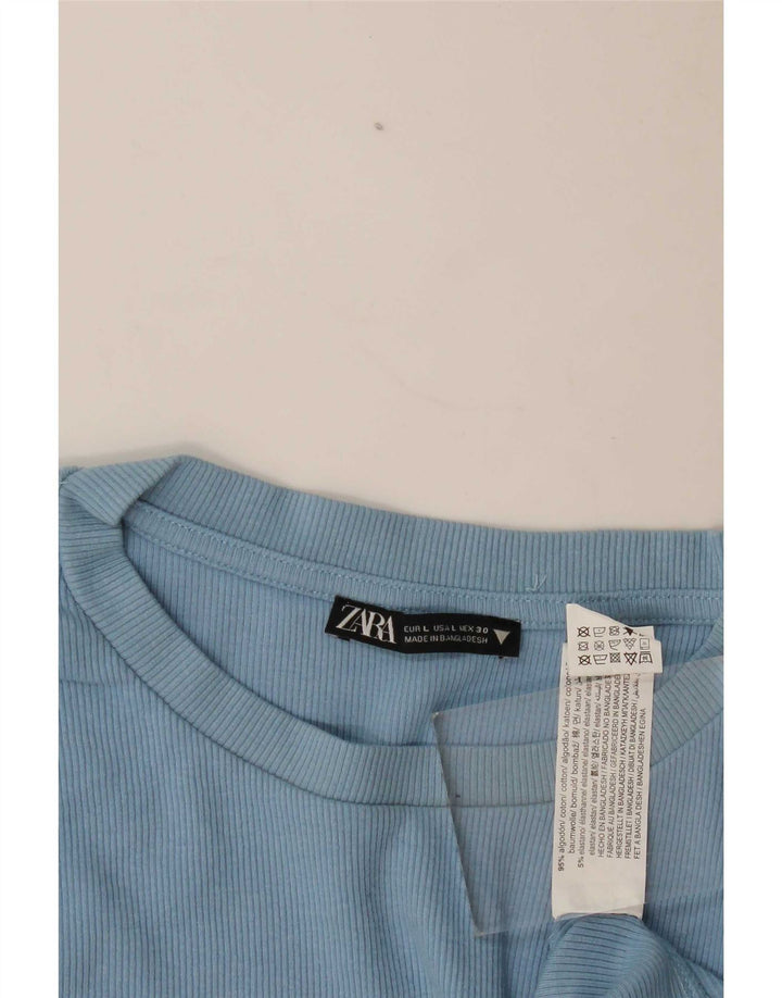 Zara Womens Crop Bluse Top UK 14 Large Blue Cotton