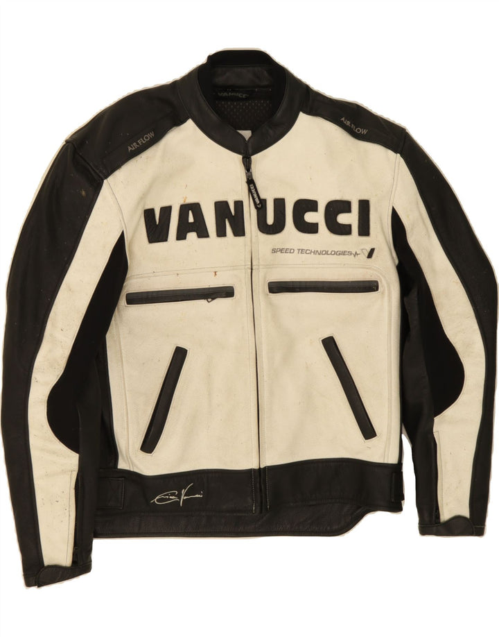 VANUCCI Mens Graphic Leather Racer Jacket IT 54 2XL Black Colourblock Vintage Vanucci and Second-Hand Vanucci from Messina Hembry 