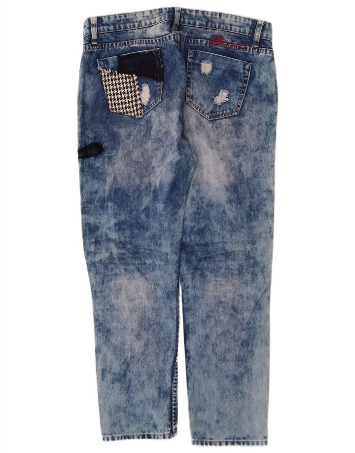 Desigual Dame Distressed Tapered Jeans W32 L28 Blå Patchwork Bomuld