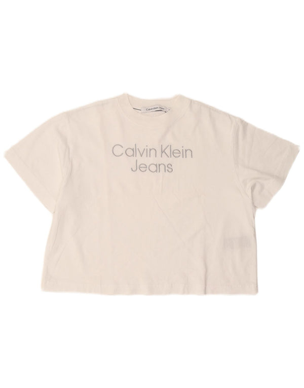 Calvin Klein Jeans Dame Crop Oversized grafisk T-shirt Top UK 6 XS Hvid