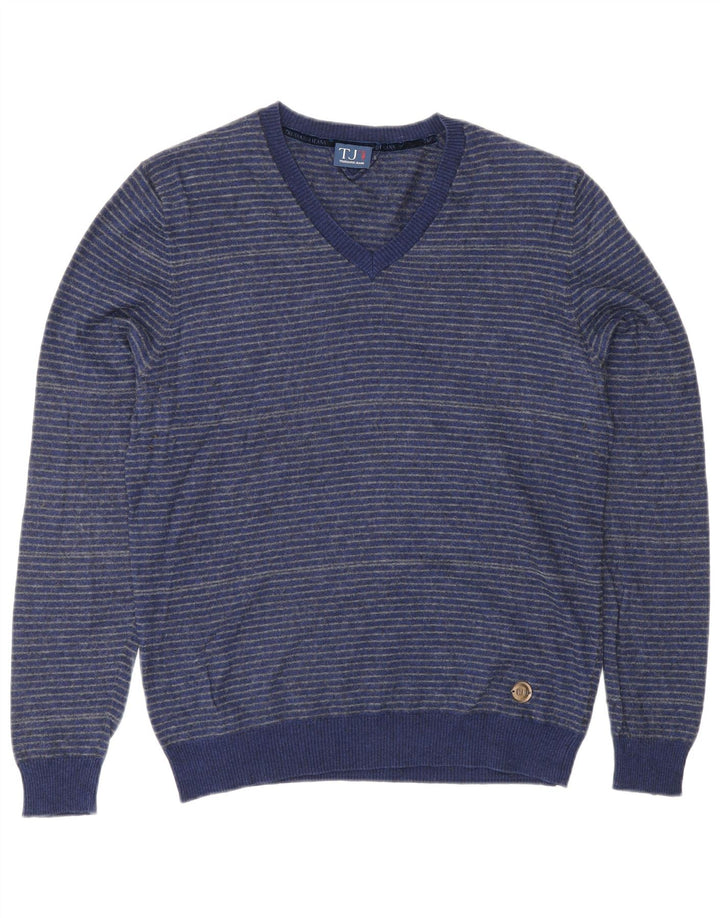 TRUSSARDI JEANS Herre V-hals sweater Medium blå stribet bomuld