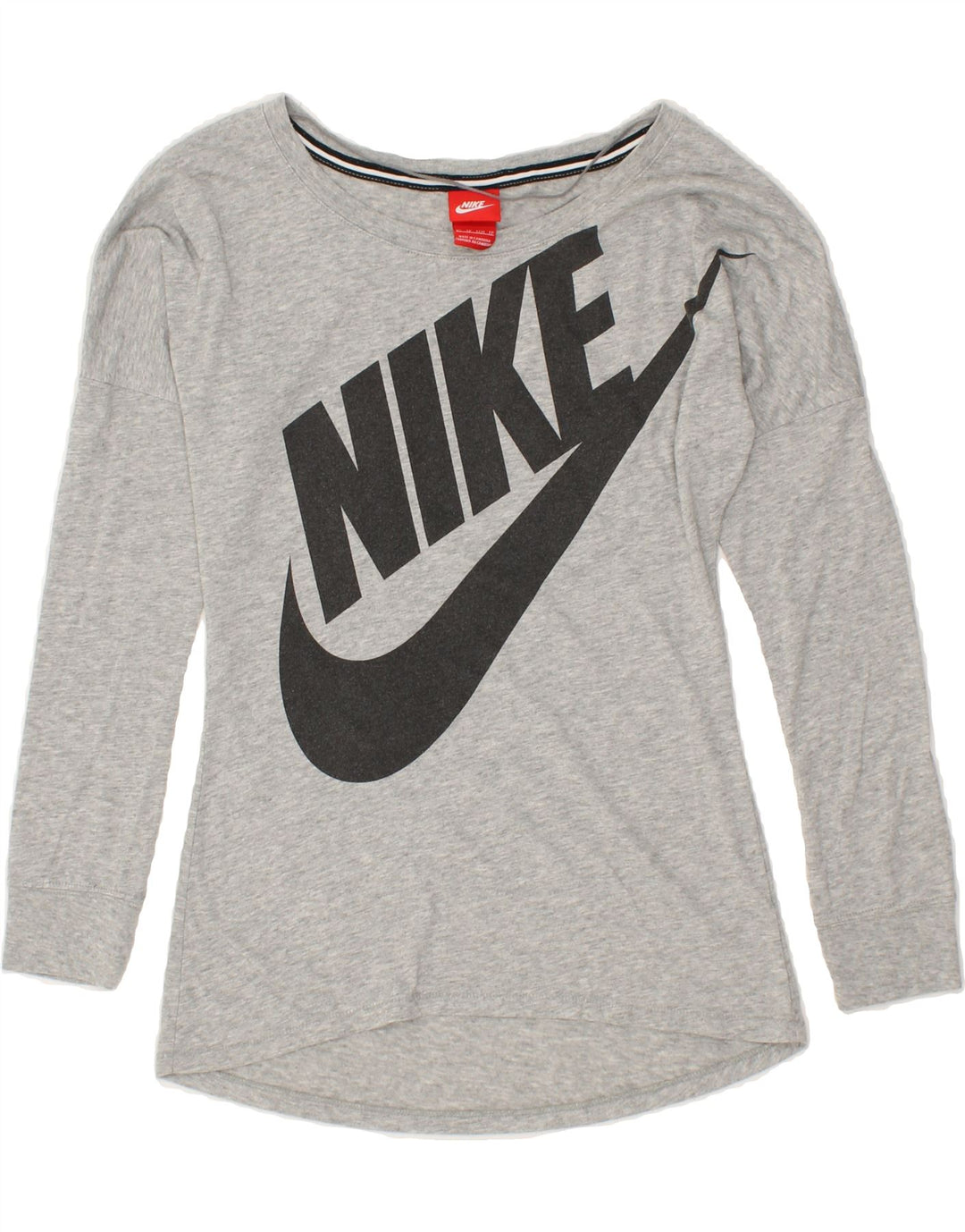 NIKE Womens Oversized Graphic Top Long Sleeve UK 6 XS Grey Vintage Nike and Second-Hand Nike from Messina Hembry 