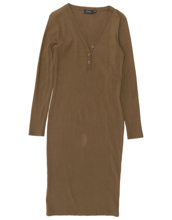 Polo Ralph Lauren Dame Langærmet Bodycon Kjole UK 10 Small Khaki Cotton