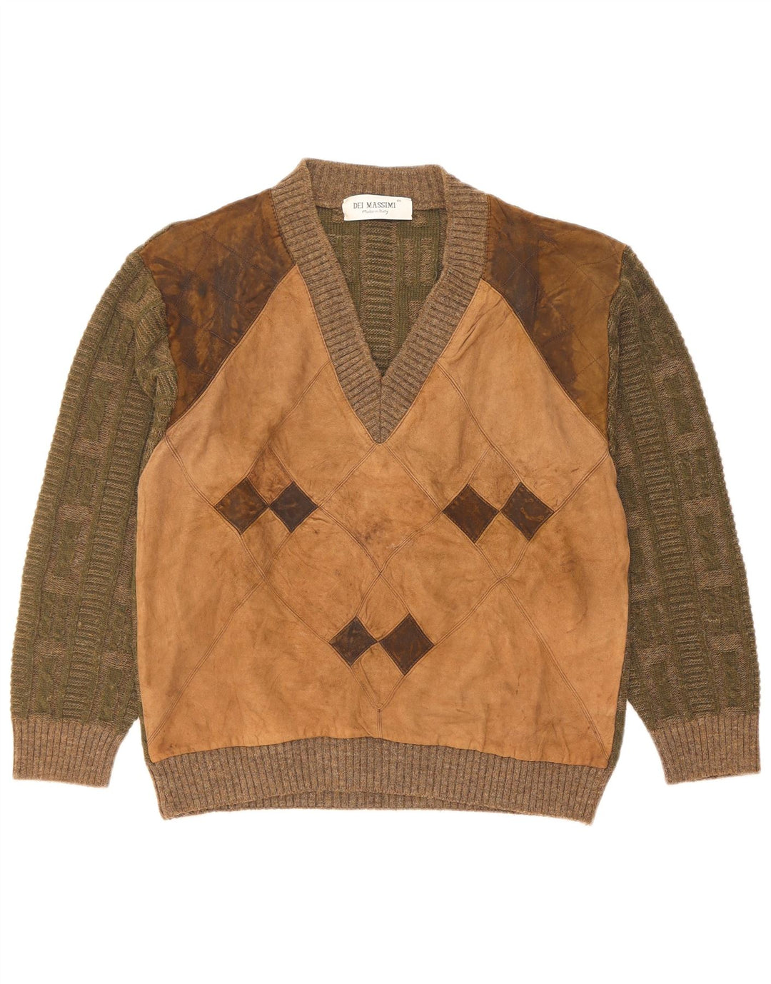 Dei Massimi Herre V-hals sweater IT 48 Medium Khaki Argyle/Diamond