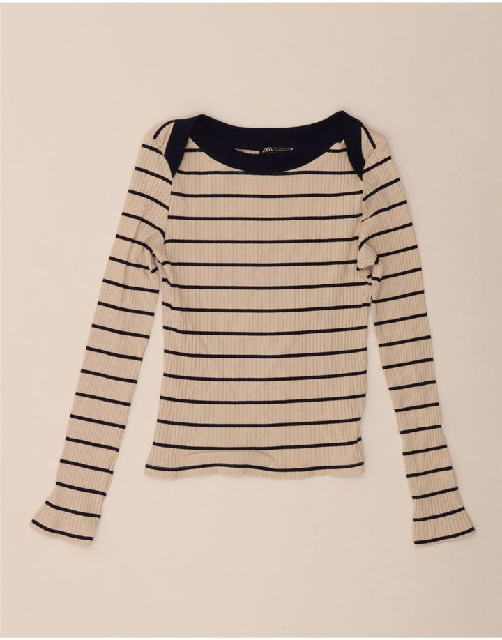 Zara Womens Crop Top Langærmet UK 12 Medium Beige Stribet Bomuld