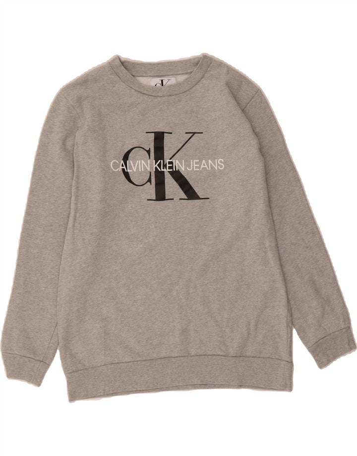 CALVIN KLEIN JEANS Mens Graphic Sweatshirt Jumper Small Grey Cotton Vintage Calvin Klein Jeans and Second-Hand Calvin Klein Jeans from Messina Hembry 