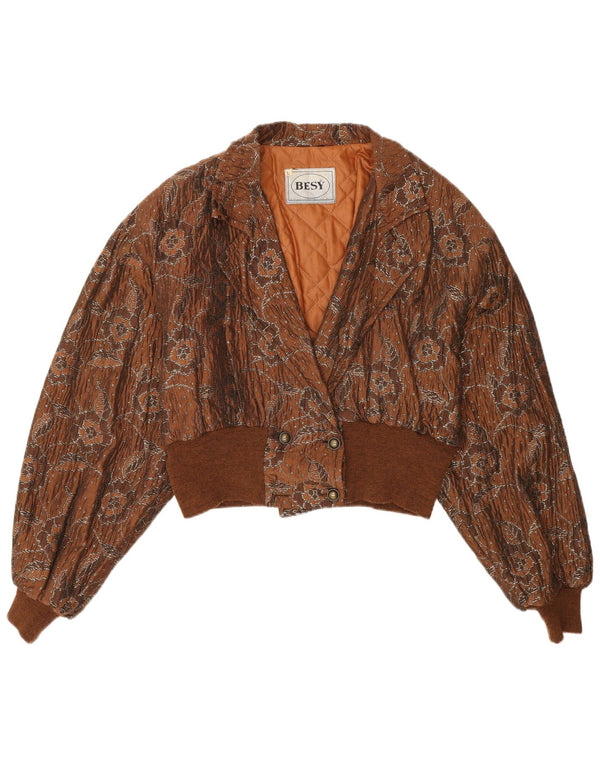 Vintage Kvinders Crop Bomber Jacket UK 16 Large Brown Floral Viscose