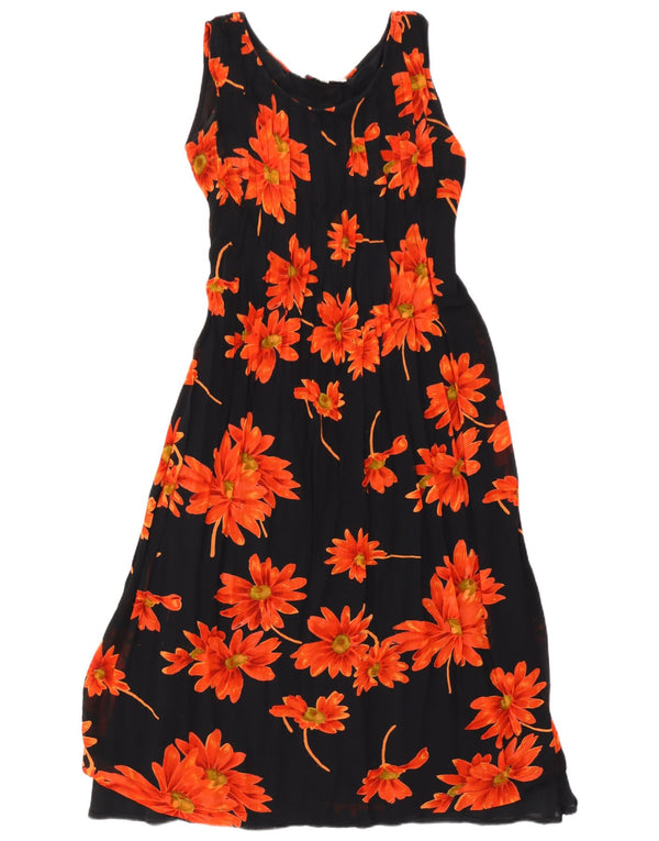 Vintage Kvinders Ærmeløs A-Line Kjole UK 14 Medium Black Floral Viscose