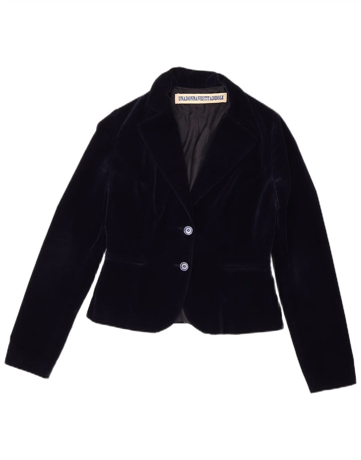Vintage Dame Velvet 2 Button Blazer Jacket IT 42 Medium Navy Blue Bomuld