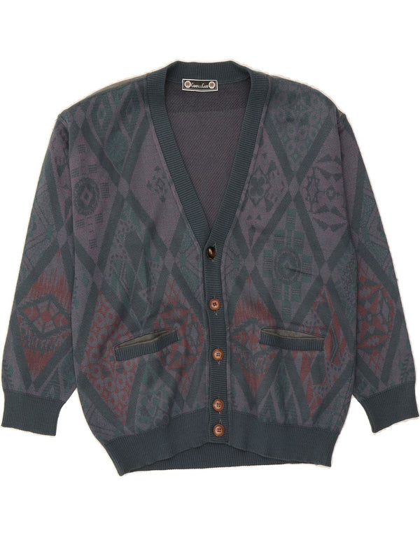 COMPASS CARD Mens Cardigan Sweater Medium Grey Geometric Wool