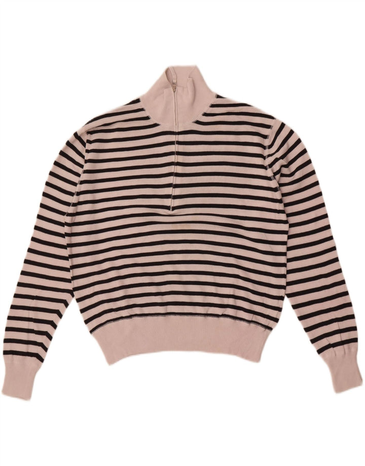 Slam Dame Zip Neck Jumper Sweater UK 14 Medium hvid stribet bomuld