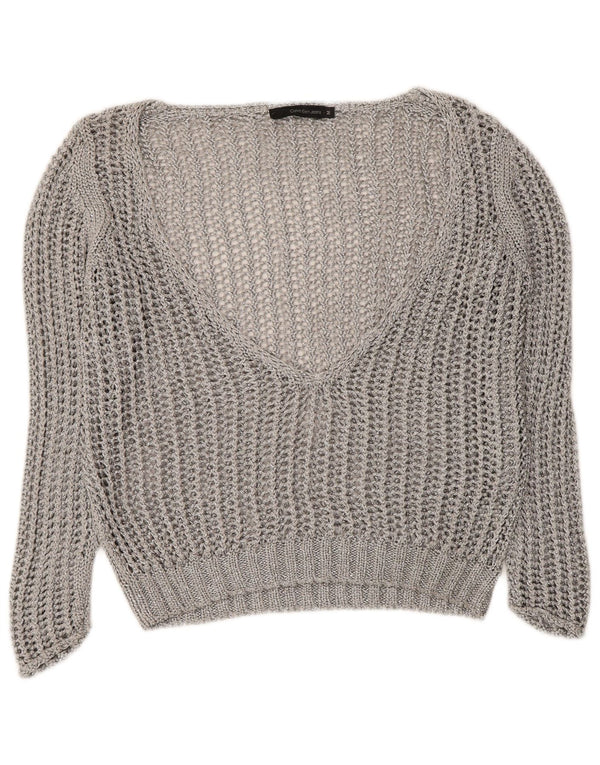 Calvin Klein Jeans Womens Crochet V-Neck Jumper Sweater UK 14 Medium Silver