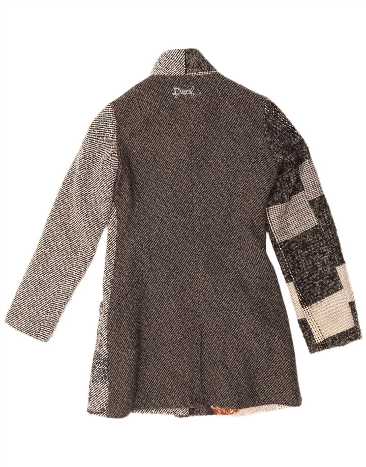 DESIGUAL Womens Overcoat EU 36 Small Grey Patchwork Wool