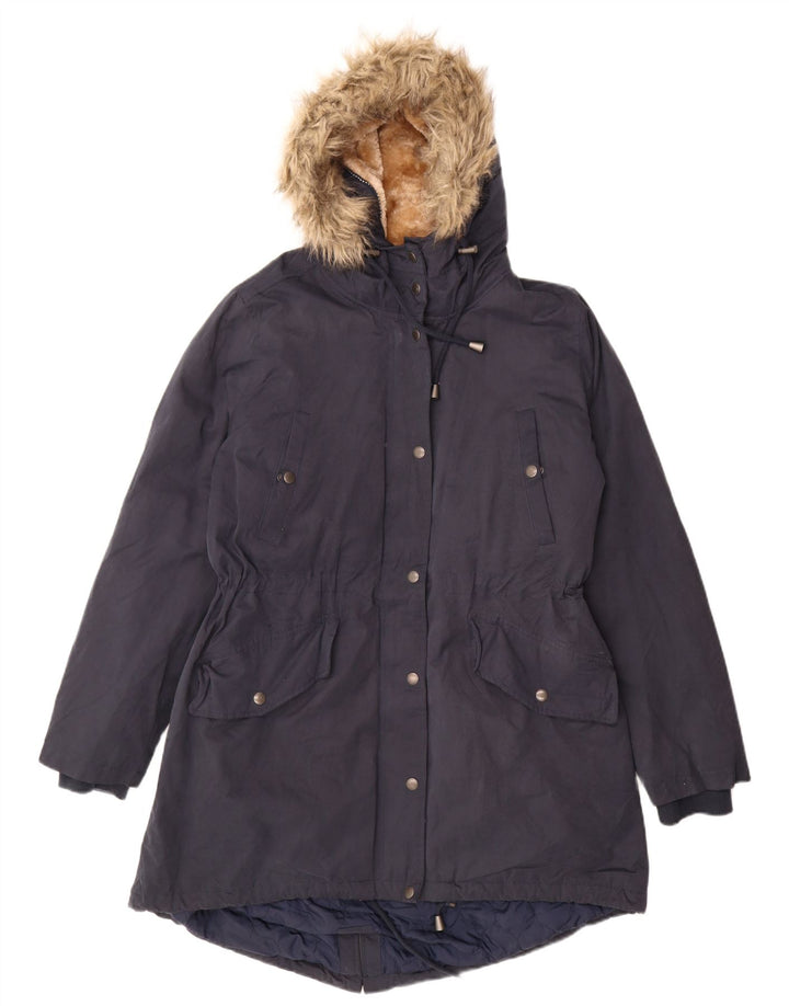 Fat Face Dame Hætte Sherpa Parka Jacket UK 16 Large Navy Blue Polyester