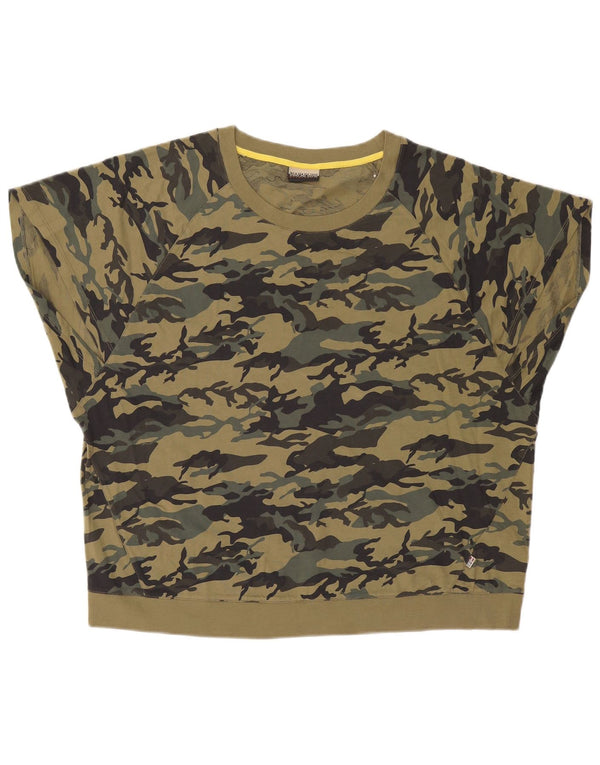 Napapijri Womens Oversized T-Shirt Top UK 14 Medium Khaki Camouflage Cotton