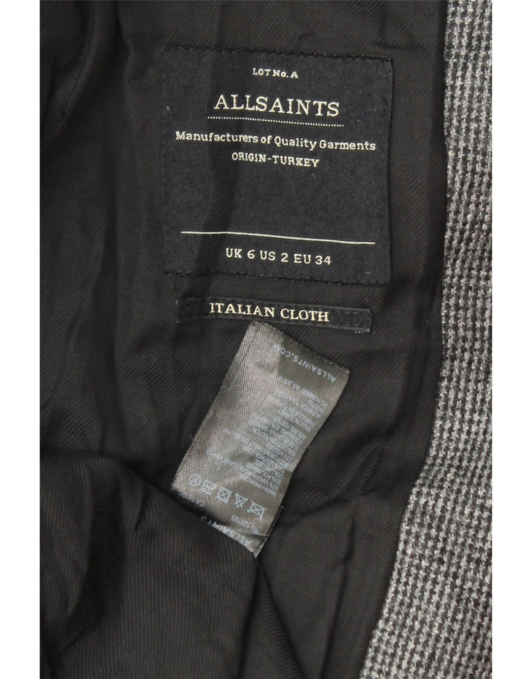 ALL SAINTS Womens Overcoat UK 6 XS Grey Houndstooth Virgin Wool Vintage All Saints and Second-Hand All Saints from Messina Hembry 