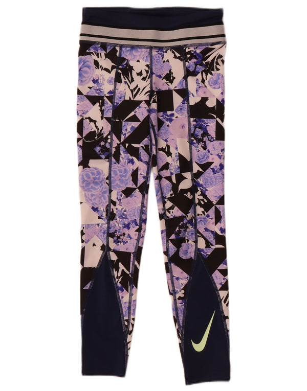Nike Girls Dri Fit Leggings 8-9 år Small Navy Blue Floral Polyester