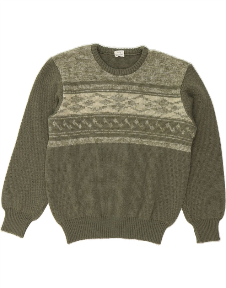 VINTAGE Womens Crew Neck Jumper Sweater UK 12 Medium Green Striped Wool Vintage Vintage and Second-Hand Vintage from Messina Hembry 