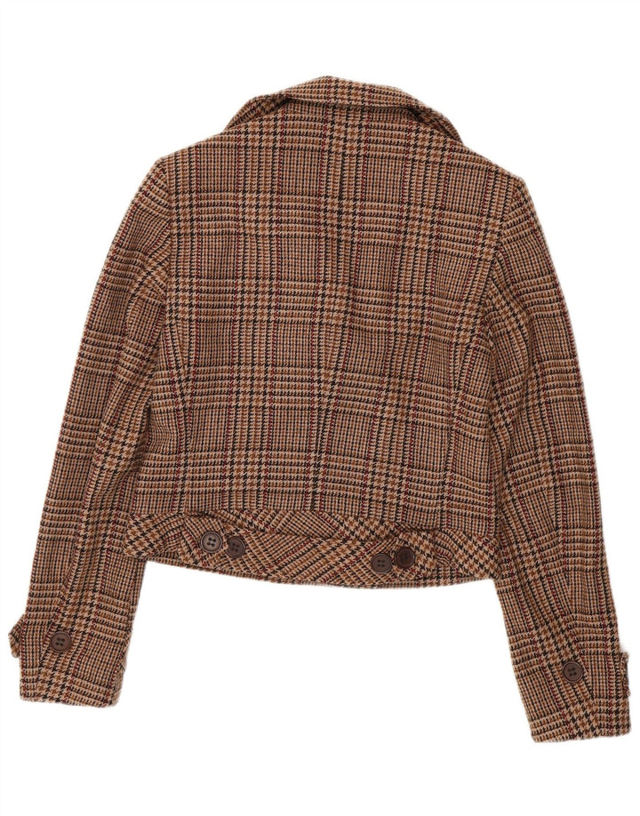 Mexx Womens Crop Pea Coat UK 14 Large Brown Houndstooth Virgin Wool