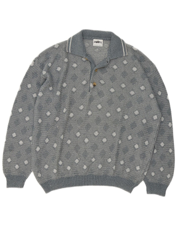 Vintage herre polo hals sweater stor grå geometrisk