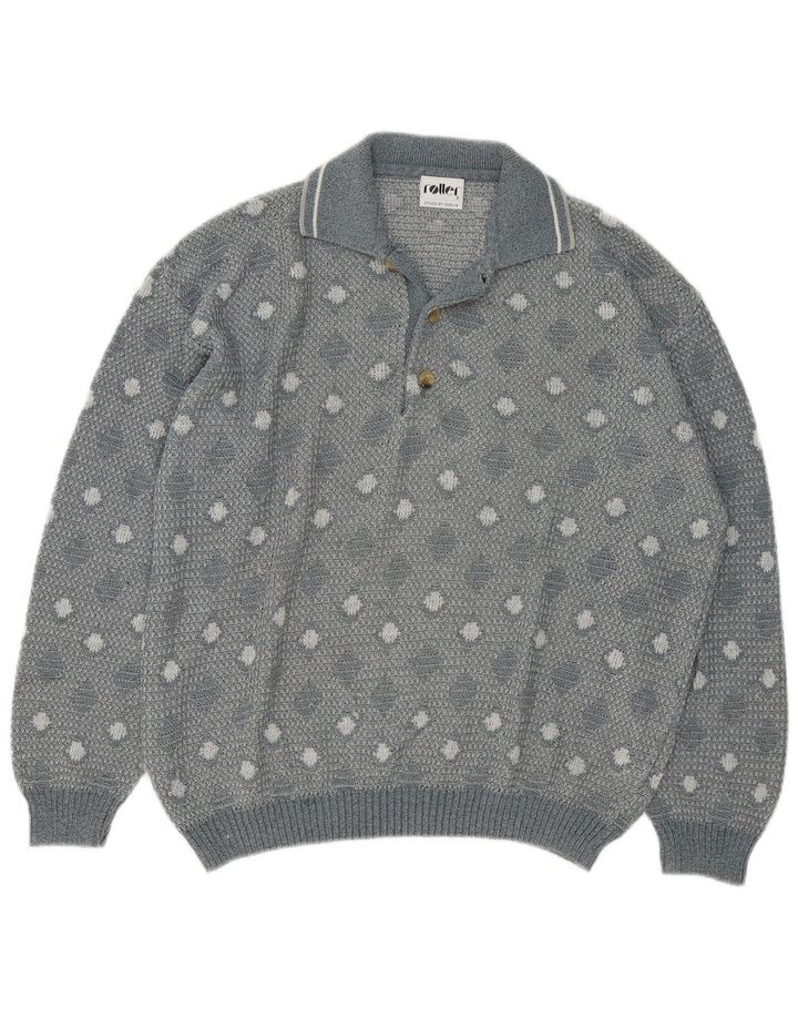 Vintage herre polo hals sweater stor grå geometrisk
