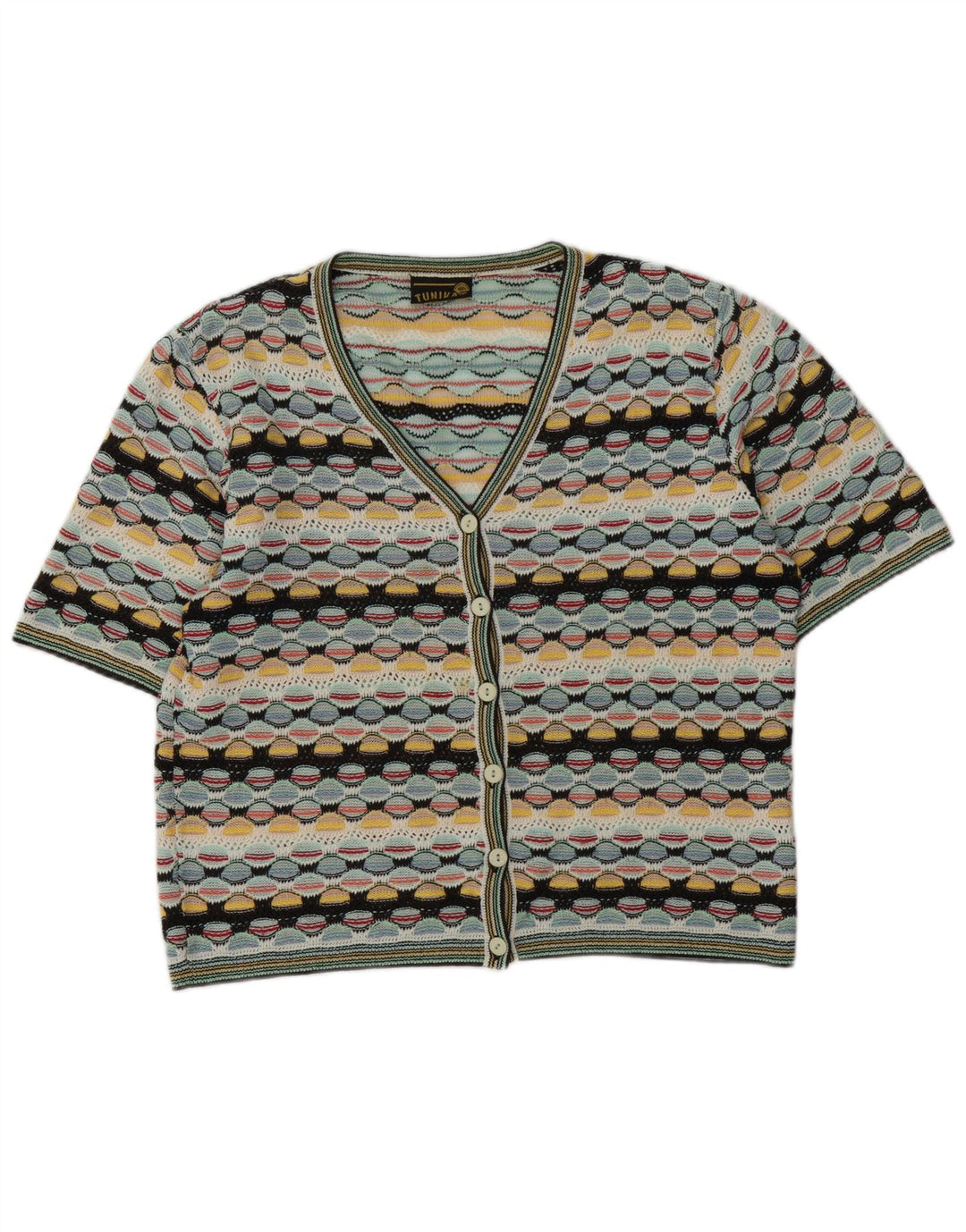 Vintage Dame Cardigan Sweater UK 14 Stor Flerfarvet Geometrisk