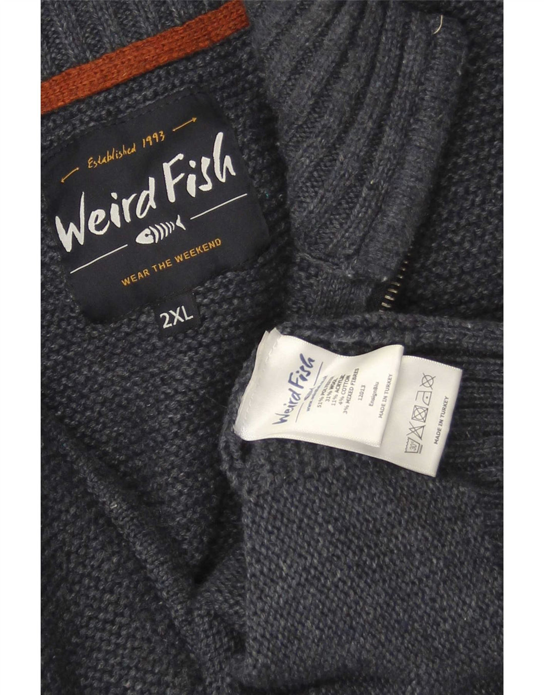 Weird Fish Herre Zip Neck Jumper Sweater 2XL Navy Blue Polyester