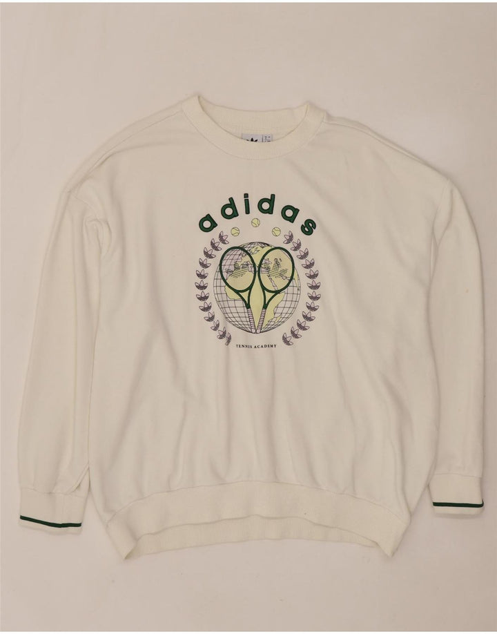 ADIDAS Dame Oversized Grafisk Sweatshirt Jumper UK 8 Lille hvid bomuld
