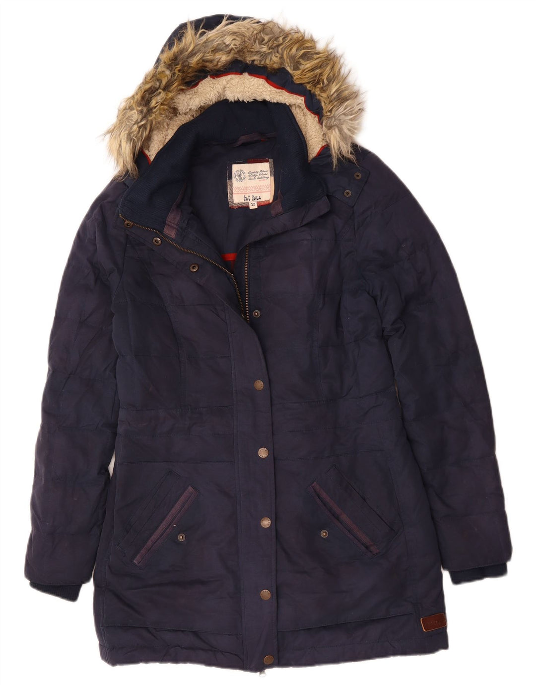 Fat Face Dame Hooded Parka Jacket UK 12 Medium Navy Blue Polyester Winter