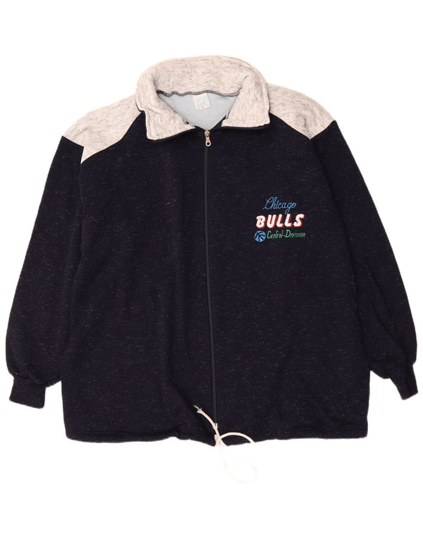 Vintage herre grafisk træningsdragt topjakke XL marineblå colourblock bomuld